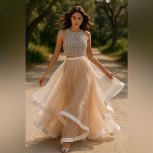 Terani Couture Two-Piece Formal Gown | Beaded Crop Top & Layered Tulle Skirt